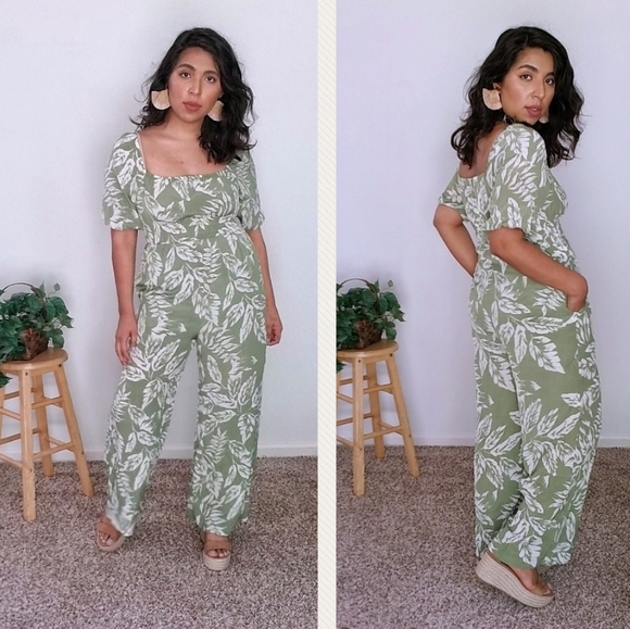 Pants - THE TROPICS OLIVE GREEN CREAM LEAF PRINT JUMPSUIT